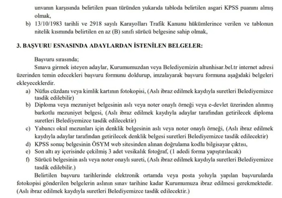 Altunhisar İlçe Belediye Başkanlığı'na 60 KPSS puanı ile memur alımı