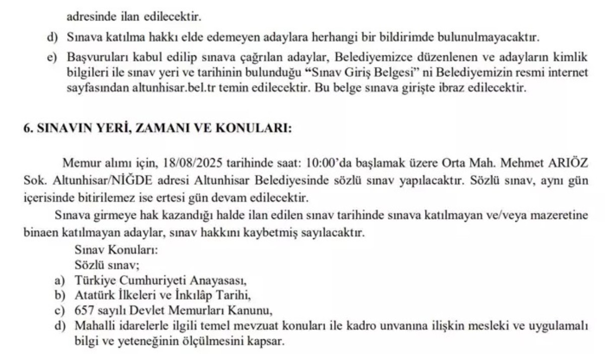 Altunhisar İlçe Belediye Başkanlığı'na 60 KPSS puanı ile memur alımı