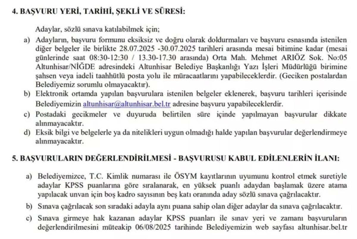 Altunhisar İlçe Belediye Başkanlığı'na 60 KPSS puanı ile memur alımı