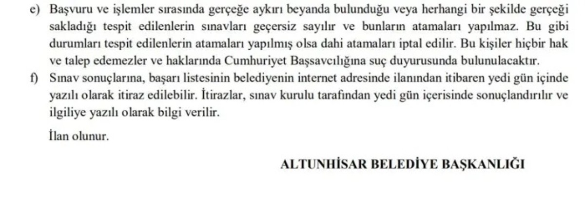 Altunhisar İlçe Belediye Başkanlığı'na 60 KPSS puanı ile memur alımı