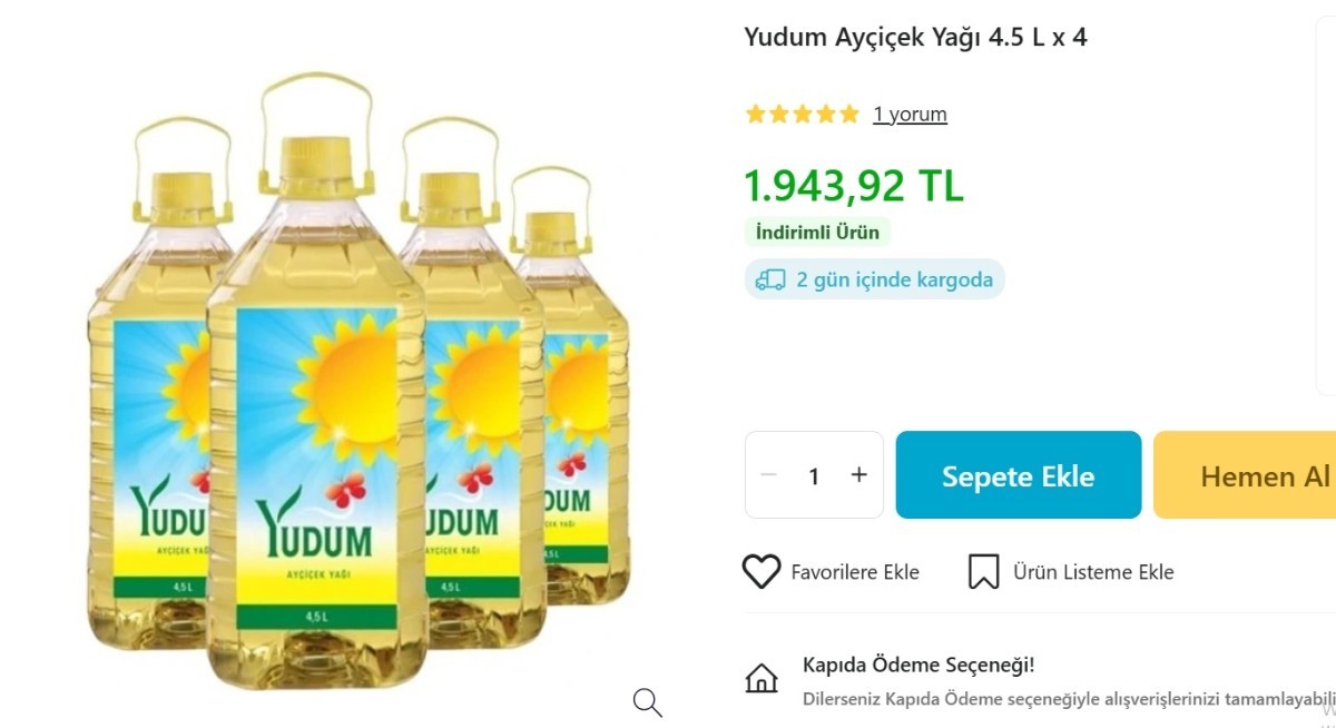 4.5 litrelik Yudum marka Ayçiçek Yağı 4'lü paket